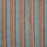 Detail of a hand-woven cotton fabric in a stripe pattern in shades of teal, brown, yellow and red.