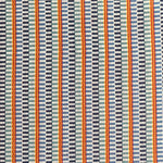 Detail of a hand-woven cotton fabric in an intricate gridded stripe pattern in shades of blue, white, red and yellow.