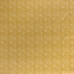 Printed linen fabric in a repeating chrysanthemum pattern in white on a mustard field.