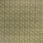 Printed linen fabric in a repeating chrysanthemum pattern in cream on an olive field.