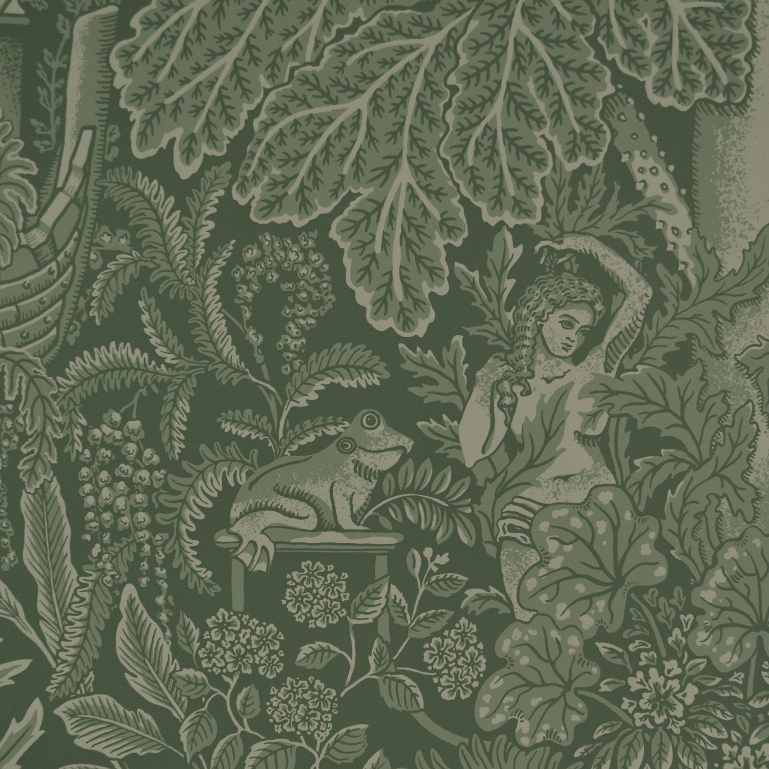 Vintage-style illustration with a woman and frog among foliage on a green background