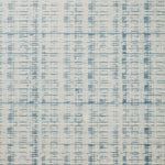 Detail of wallpaper in a textural stripe print in shades of blue on a cream field.