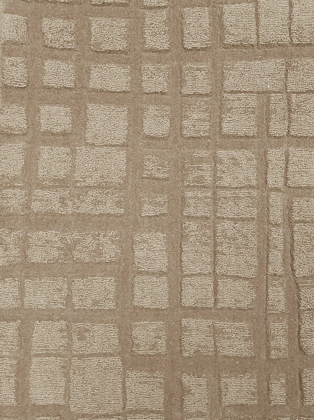 Broadloom carpet sample in a irregular plaid pattern in taupe