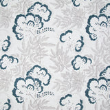 Detail of fabric in an intricate floral print in navy and gray on a white field.
