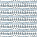 Detail of fabric in a dense curvilinear stripe print in cream, blue and gray.