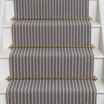 Geometric flatweave runner in dark slate on white stairs