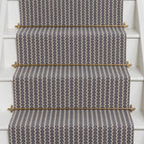 Geometric flatweave runner in dark slate on white stairs