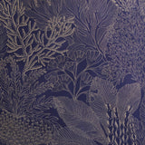 Detail of fabric in a dense coral print in gold on a navy field.