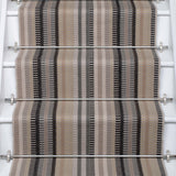 Striped flatweave runner in ivory  grey black and white on white staircase