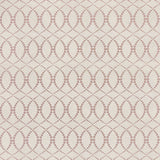 Detail of fabric in a playful floral lattice print in orange and maroon on a tan field.