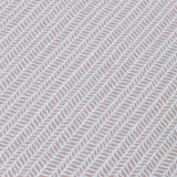 Detail of a wallpaper panel in a painterly herringbone print in mauve on a light blue field.