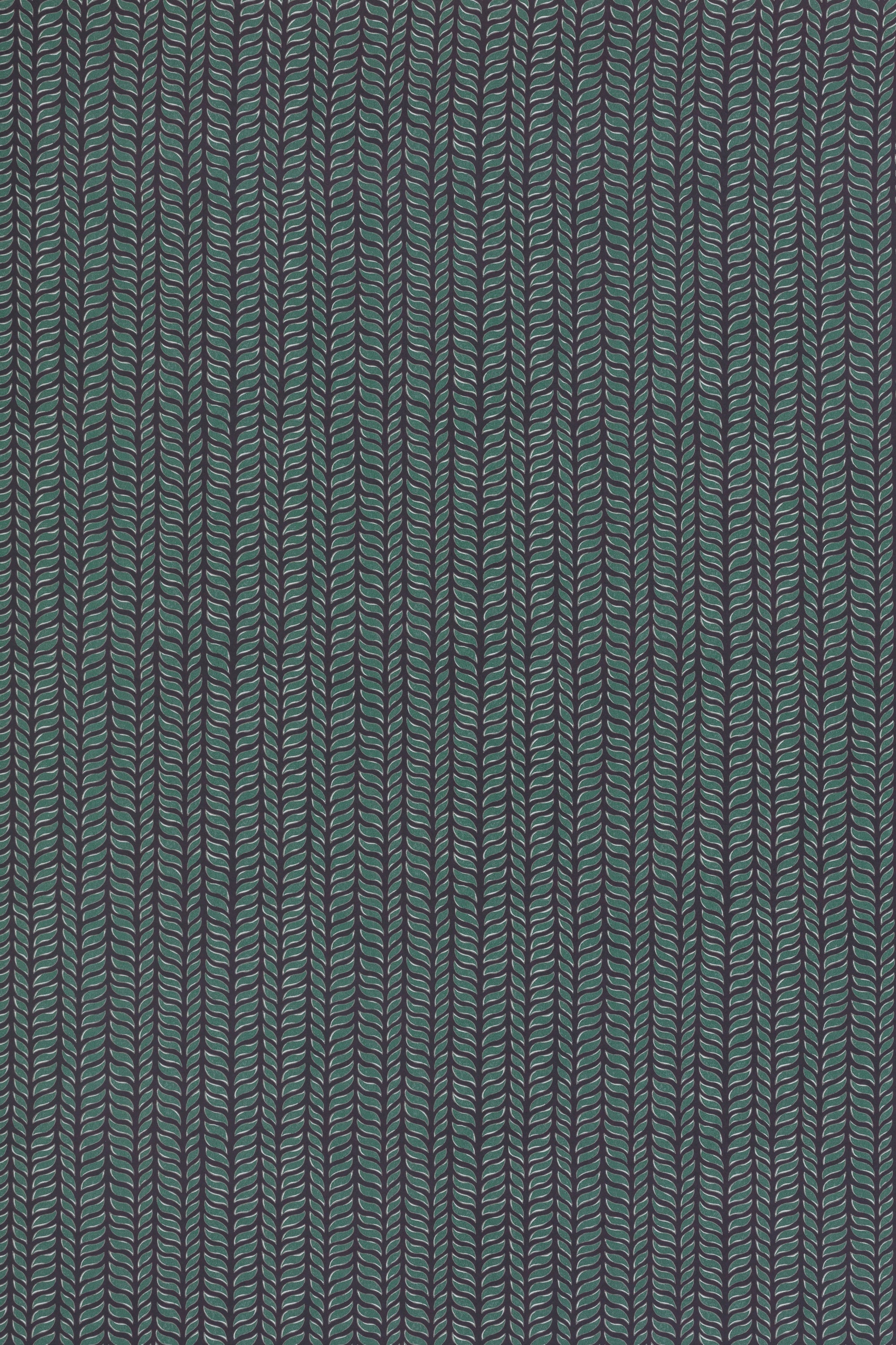 Wallpaper panel in a painterly herringbone print in green and light blue on a navy field.