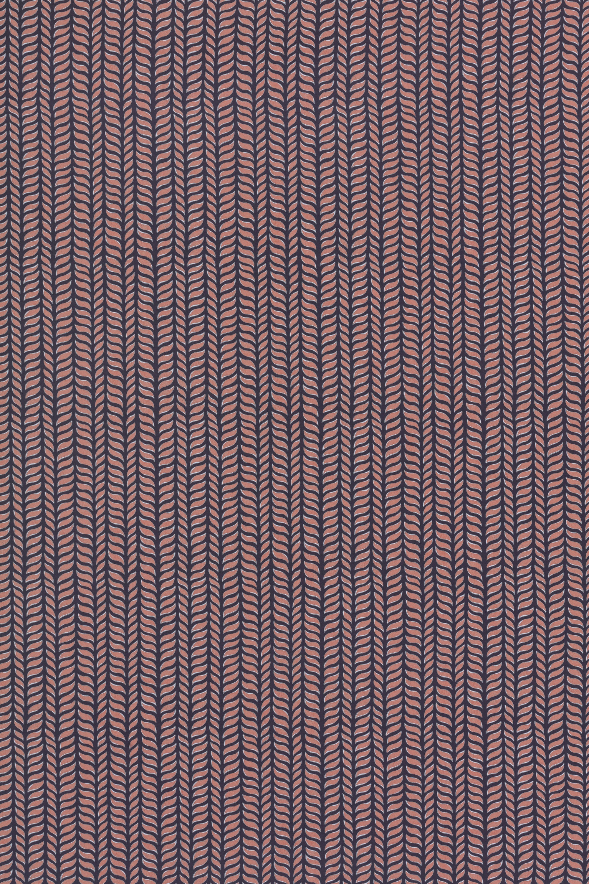 Wallpaper panel in a painterly herringbone print in pink on a navy field.