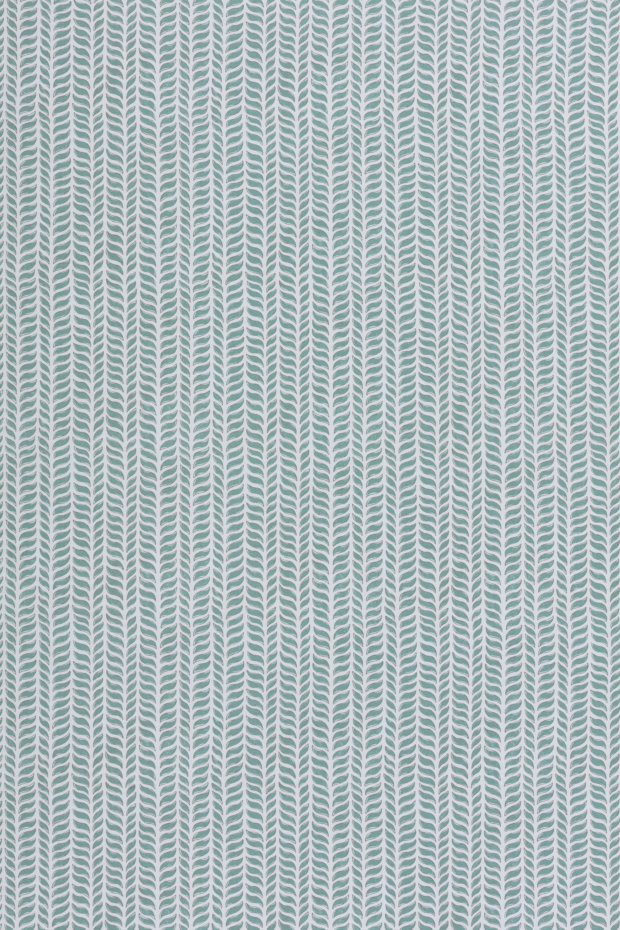 Wallpaper panel in a painterly herringbone print in turquoise on a light blue field.