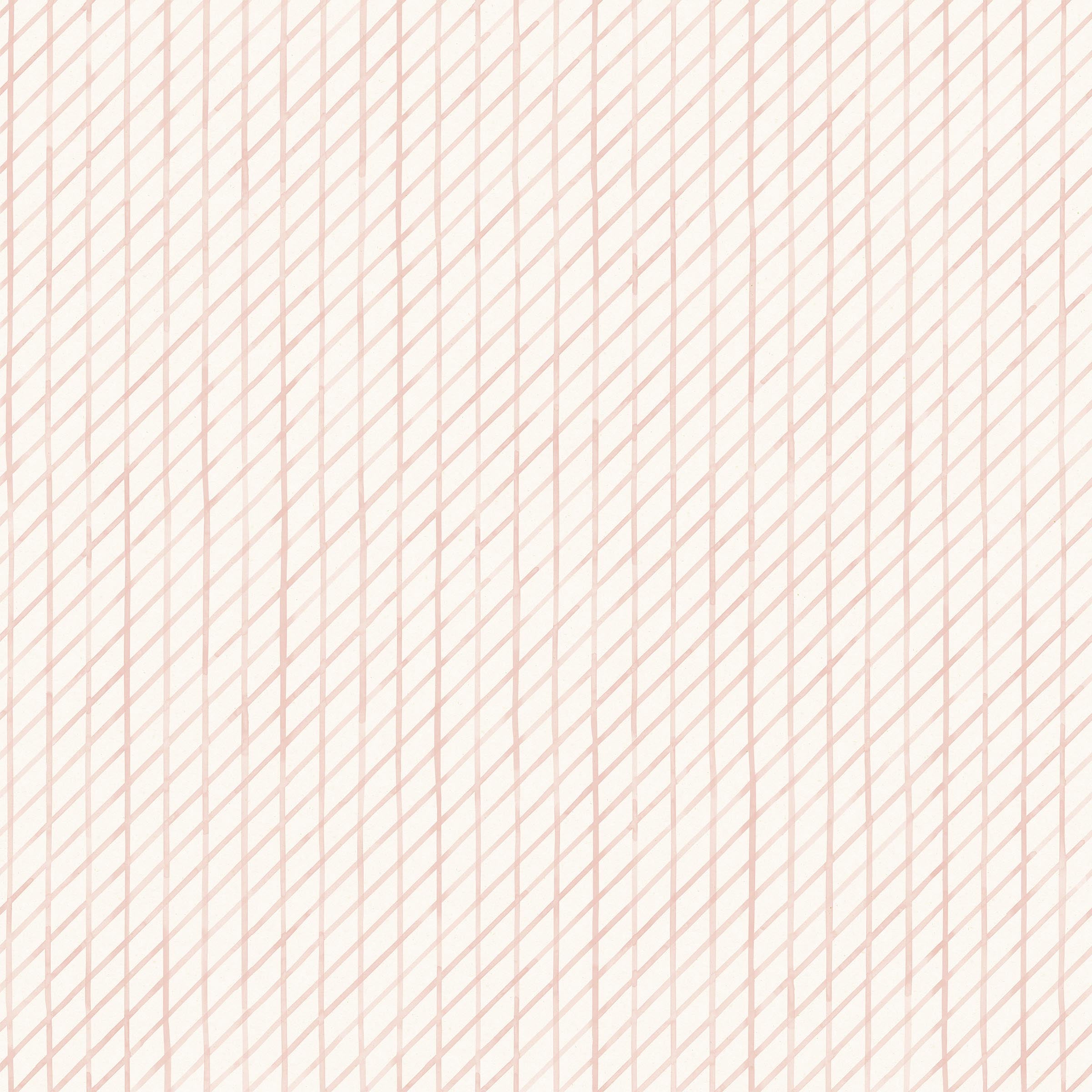 Detail of wallpaper in a painterly grid pattern in light pink on a white field.