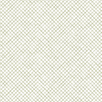 Detail of fabric in a painterly grid pattern in light green on a white field.