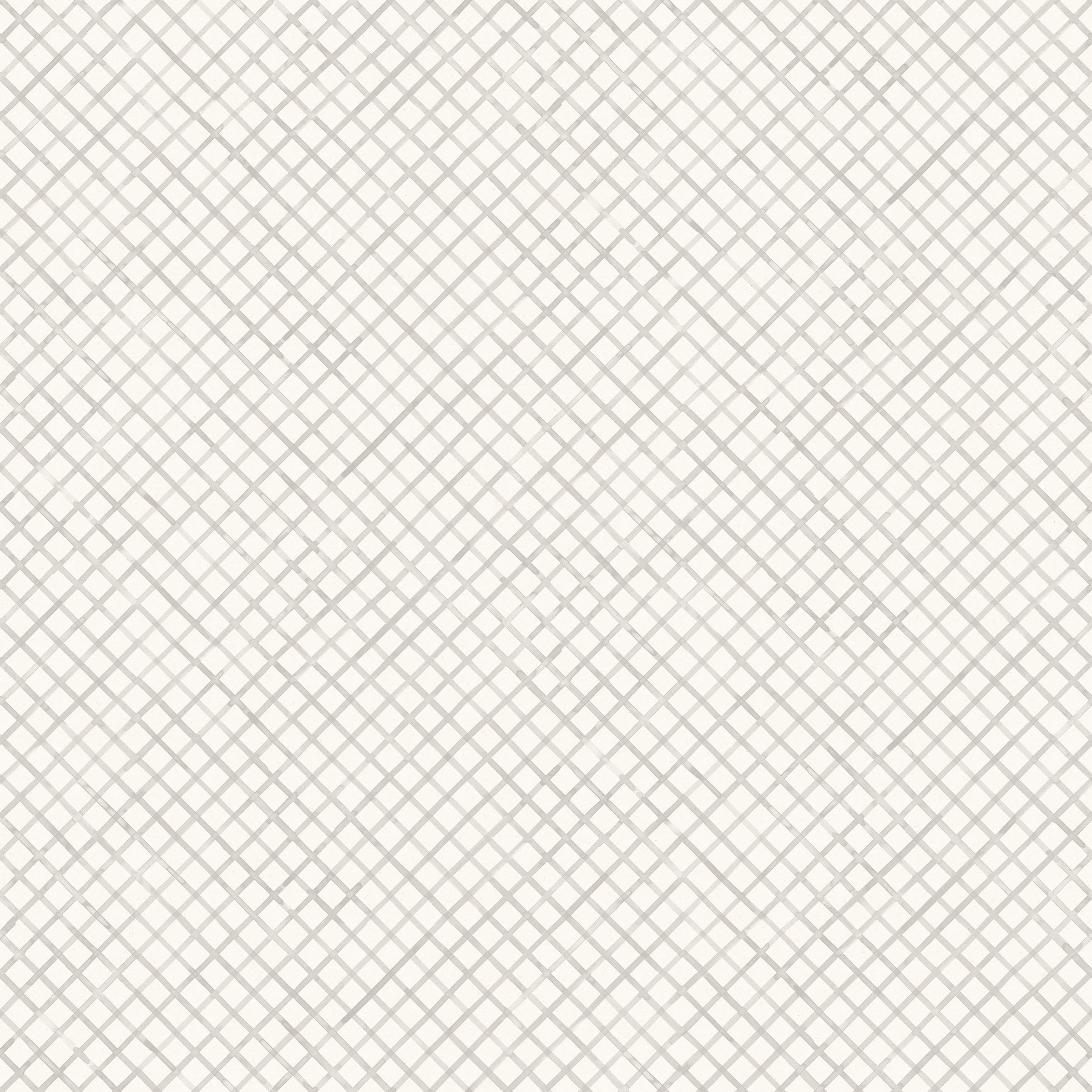 Detail of wallpaper in a painterly grid pattern in gray on a white field.
