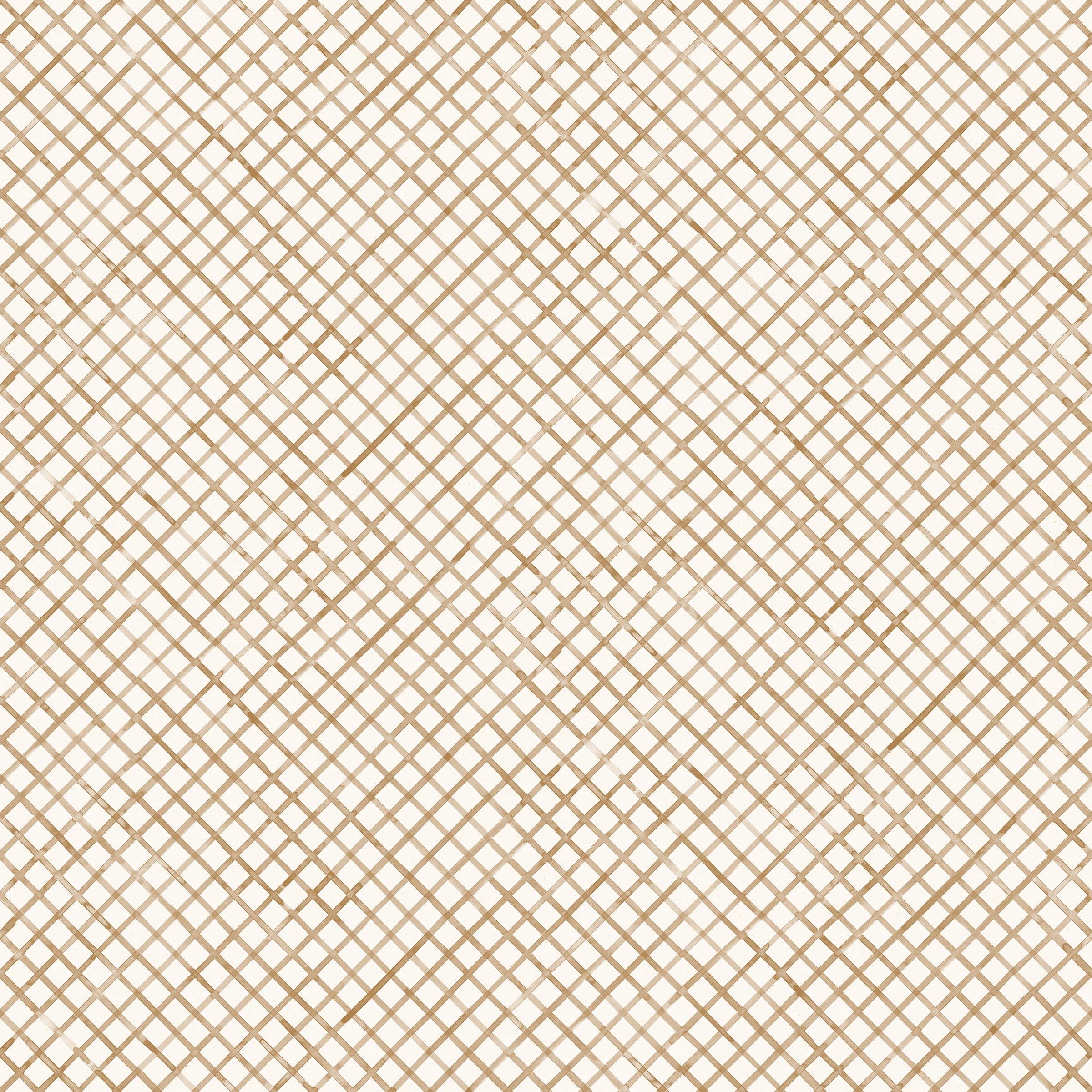 Detail of wallpaper in a painterly grid pattern in bronze on a white field.