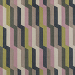 Handwoven rug with a stacked zig zag stripe in purple, lime green, cream and shades of grey. 