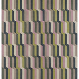 Handwoven rug with a stacked zig zag stripe in purple, lime green, cream and shades of grey. 