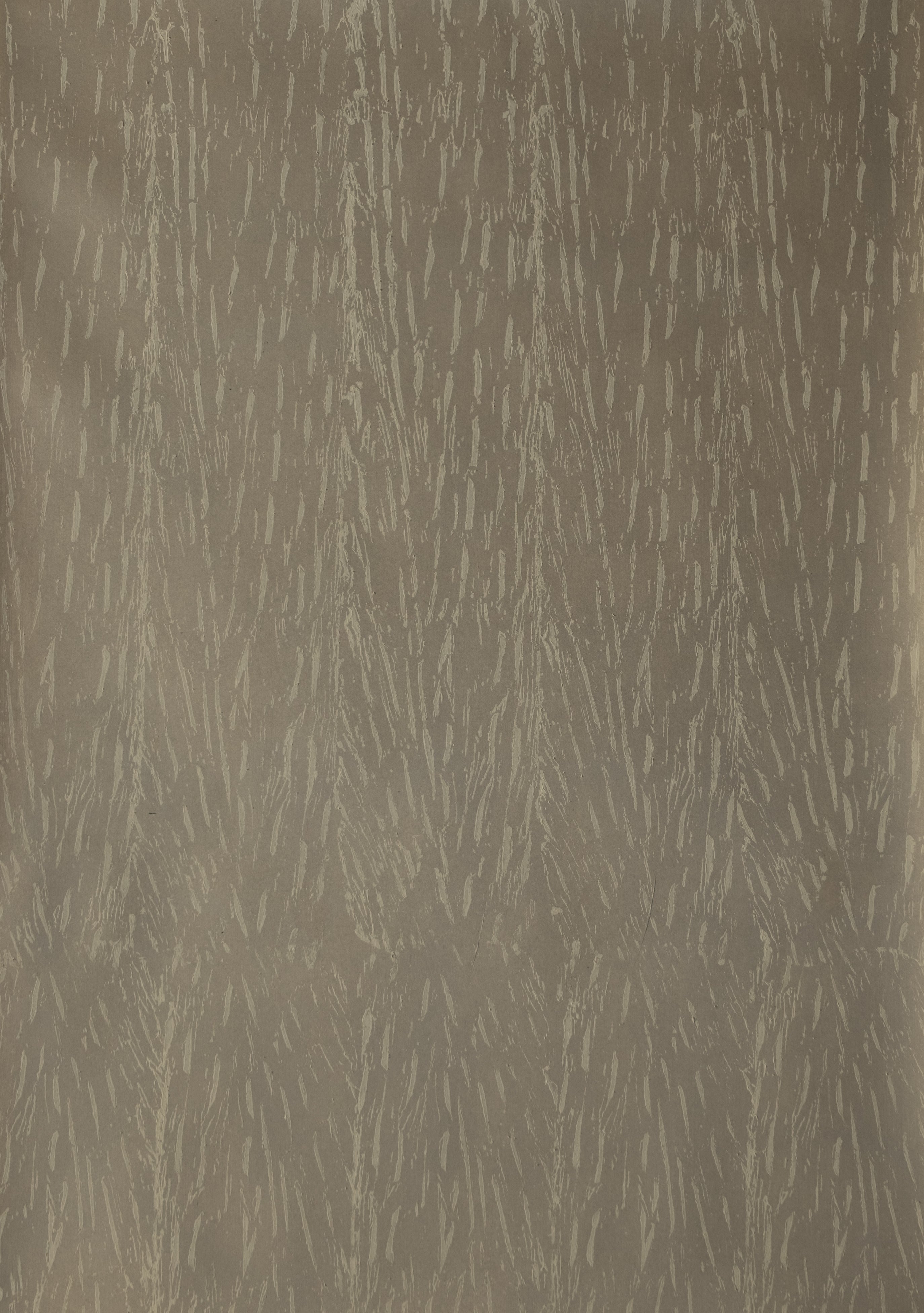 Detail of wallpaper in an abstract textural print in gray on a tan field.