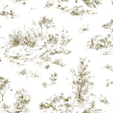 Detail of fabric in a painterly shrub and tree print in olive on a cream field.