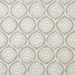 Detail of fabric in a floral lattice print in white and cream on a tan field.