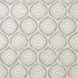 Detail of fabric in a floral lattice print in white and cream on a tan field.