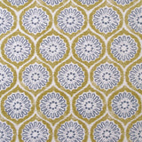 Detail of fabric in a floral lattice print in blue and mustard on a cream field.