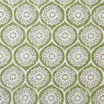 Detail of fabric in a floral lattice print in green on a cream field.