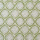 Detail of fabric in a floral lattice print in green on a cream field.