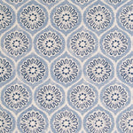 Detail of fabric in a floral lattice print in blue and navy on a cream field.