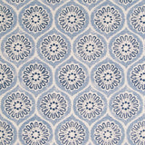 Detail of fabric in a floral lattice print in blue and navy on a cream field.