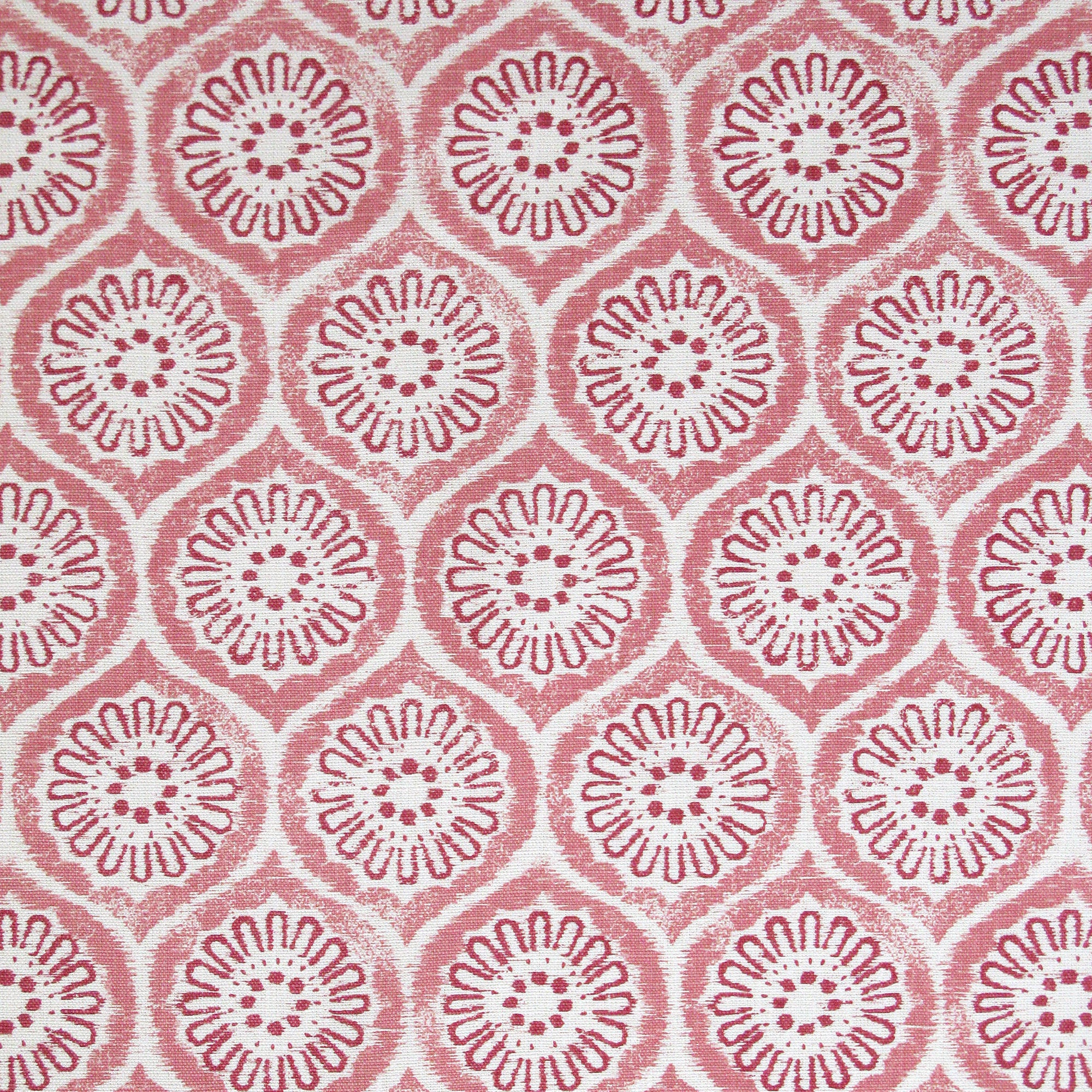 Detail of fabric in a floral lattice print in pink and red on a cream field.