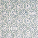Detail of fabric in a floral lattice print in blue and blue-gray on a cream field.
