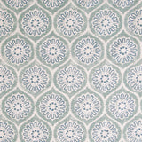 Detail of fabric in a floral lattice print in blue and blue-gray on a cream field.