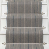 Striped flatweave runner in grey and blue on white staircase