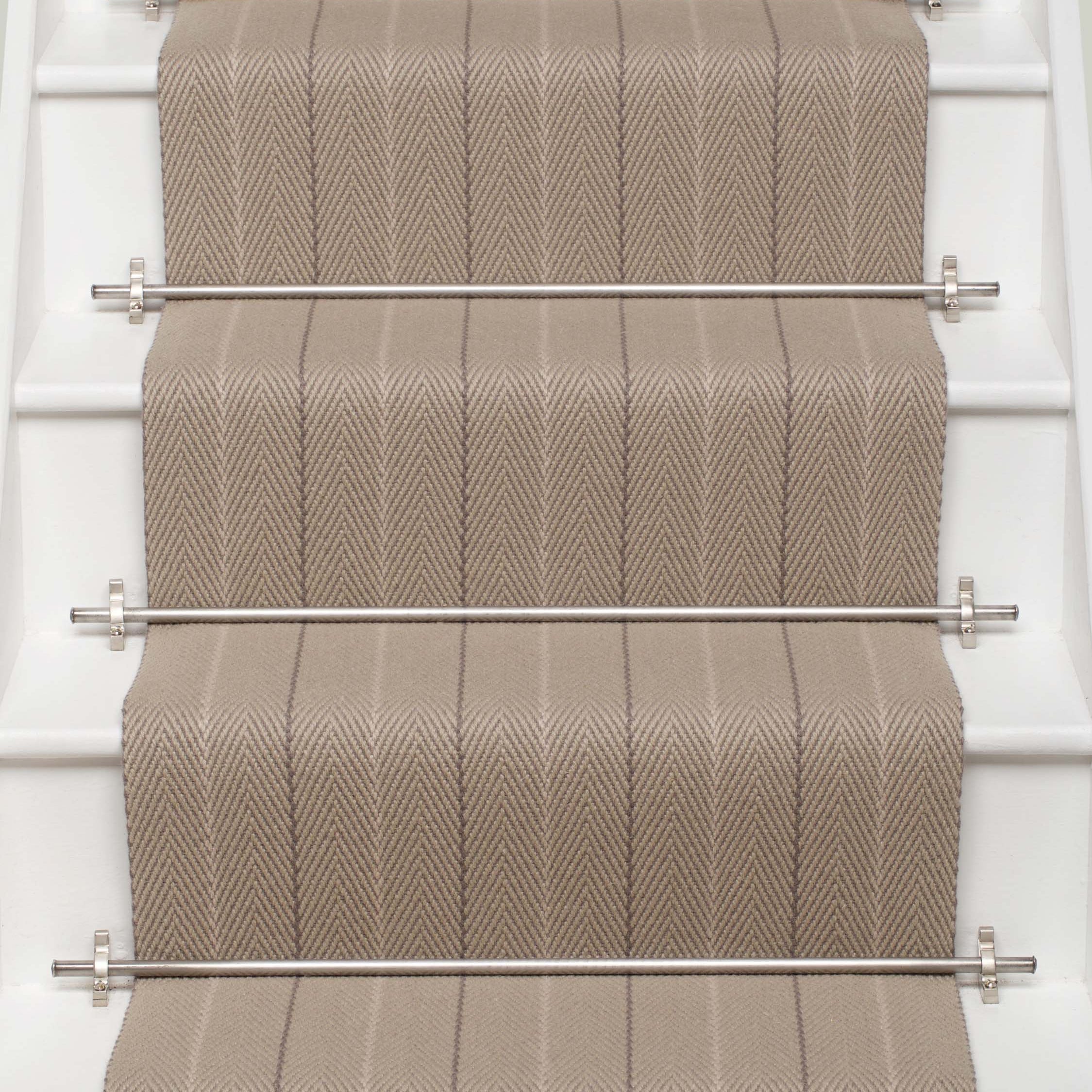 Striped flatweave runner in light grey on white staircase