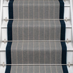 Striped flatweave runner in grey and dark blue on white staircase