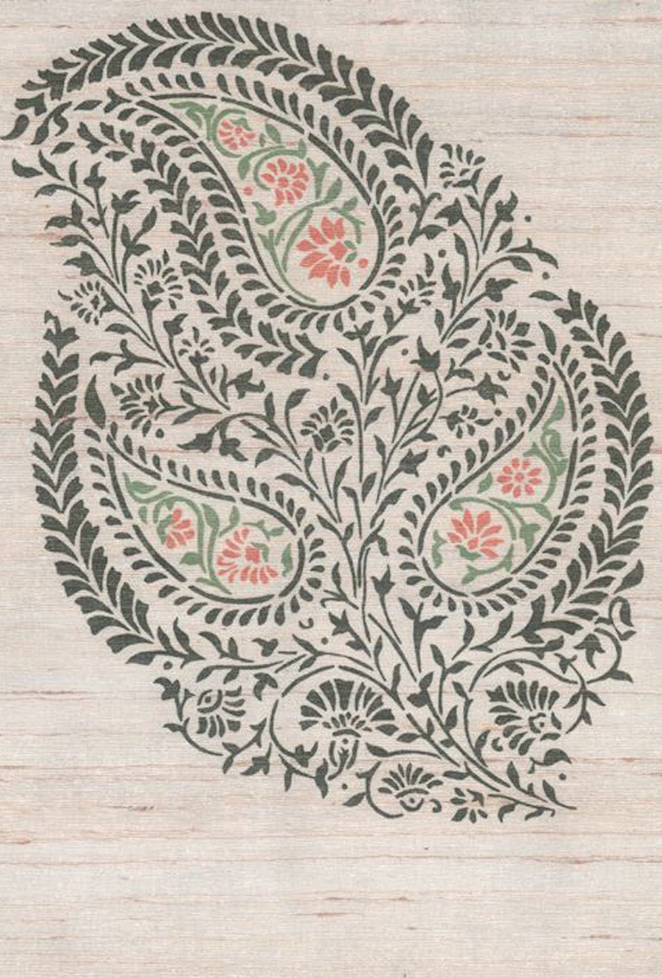 Detail of fabric in a botanical paisley in shades of green pink on a tan field.