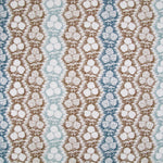 Fabric in a detailed botanical stripe print in shades of blue and brown on a white field.