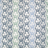 Fabric in a detailed botanical stripe print in shades of blue and green on a white field.