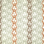 Fabric in a detailed botanical stripe print in shades of green, rust and brown on a white field.