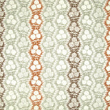 Fabric in a detailed botanical stripe print in shades of green, rust and brown on a white field.