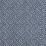 Broadloom carpet with Greek key pattern in cream on navy blue.