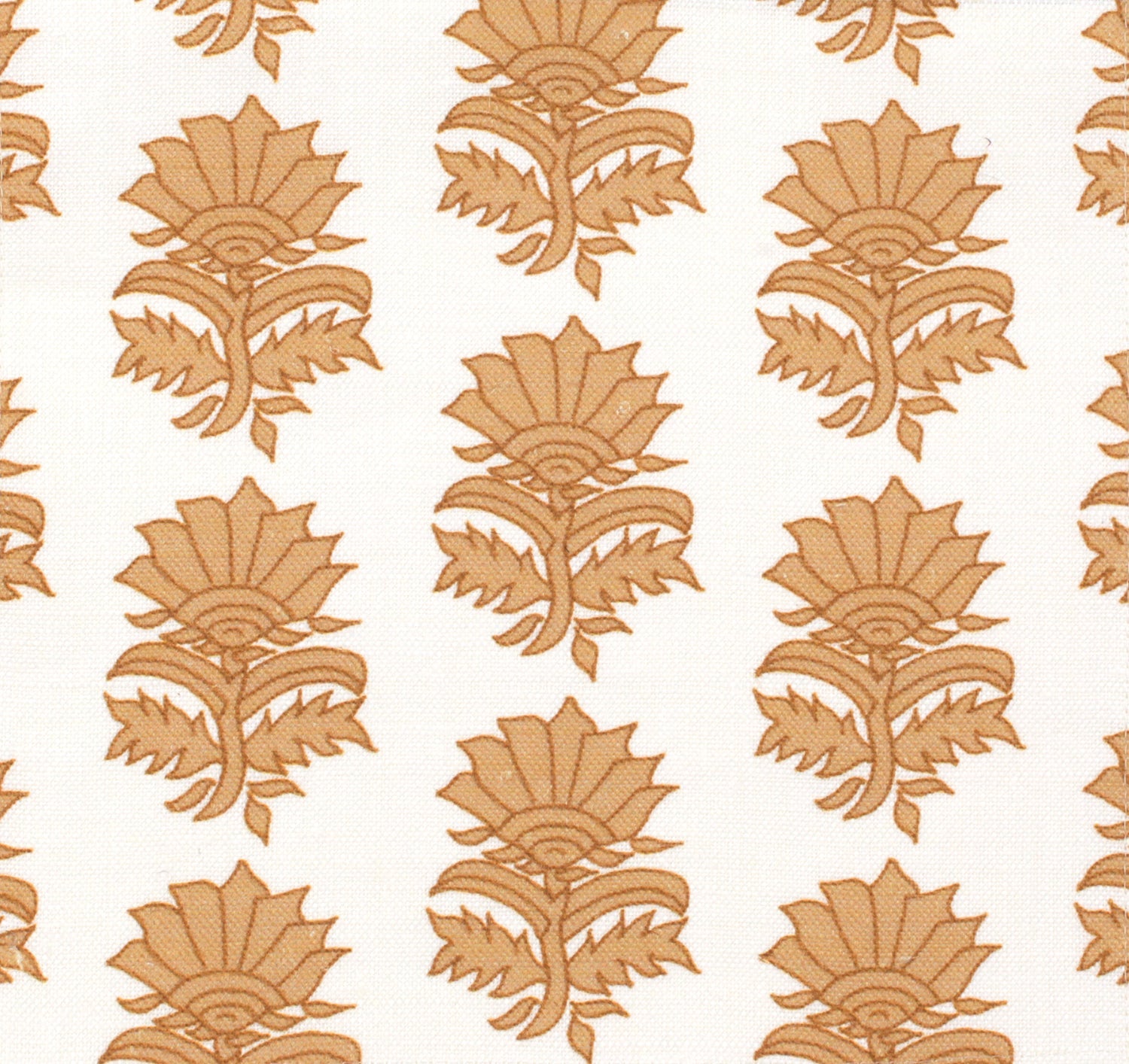 Detail of fabric in a repeating thistle print in orange and rust on a white field.