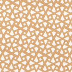 Detail of fabric in a geometric lattice print in gold on a white field.