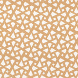 Detail of fabric in a geometric lattice print in gold on a white field.