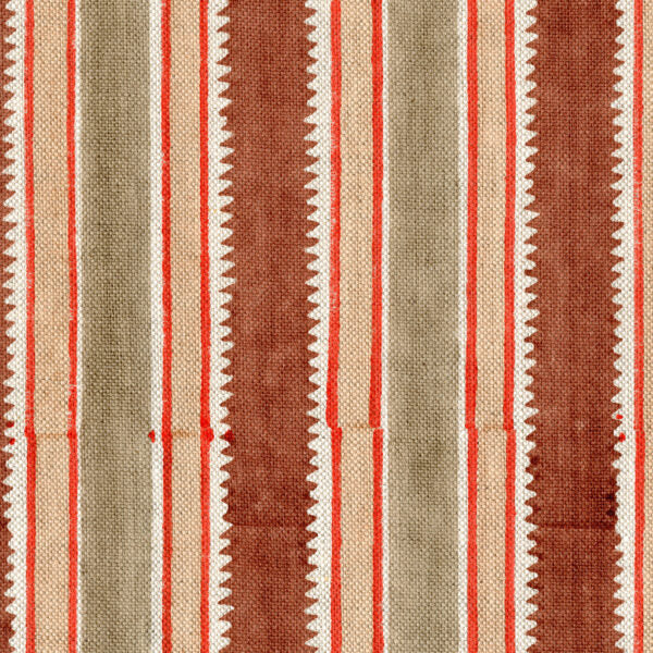 Fabric in a playful irregular stripe pattern in shades of brown, yellow and red.