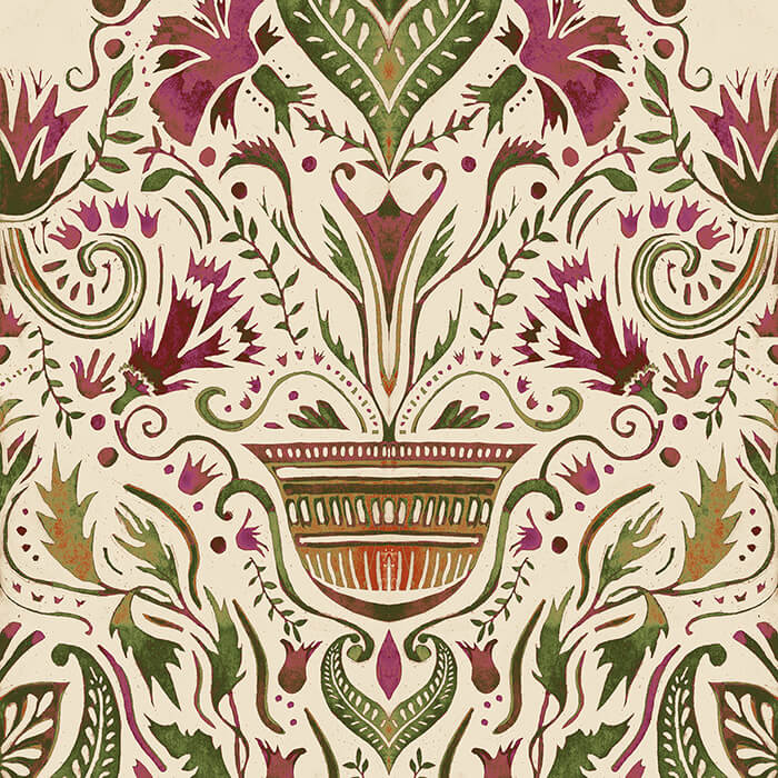 Detail of wallpaper in a floral damask print in shades of green and purple on a cream field.